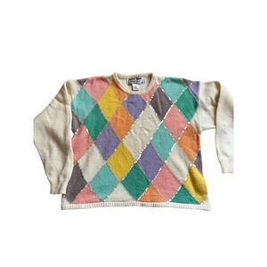 Kitty Hawk by Vivian Wang wool blend Argyle Sequin Knit Crewneck Sweater S